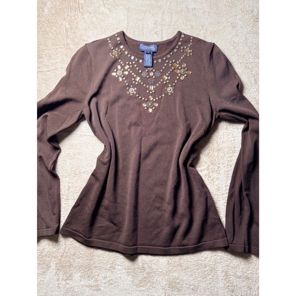 Jones New York S Embellished Jewel Neck Sweater Top Large Boho Whimsigoth